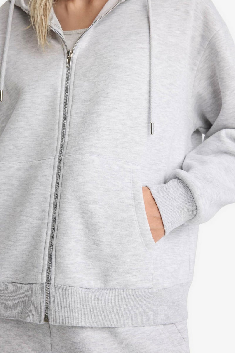 DeFacto Grey Woman Relax Fit Basic Thick Fabric Zip-Up Hoodie Casual - Image 5